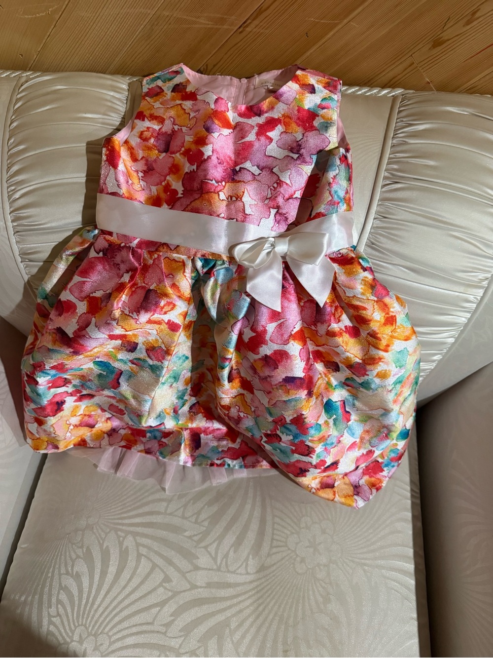 Colorful Floral Satin Bow Dress - Pink Multi